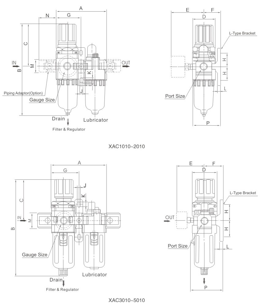XAC 1000-5000 Serie 2-Element Pneumatische Luftquellen-Behandlungseinheit Gesamtabmessungen
