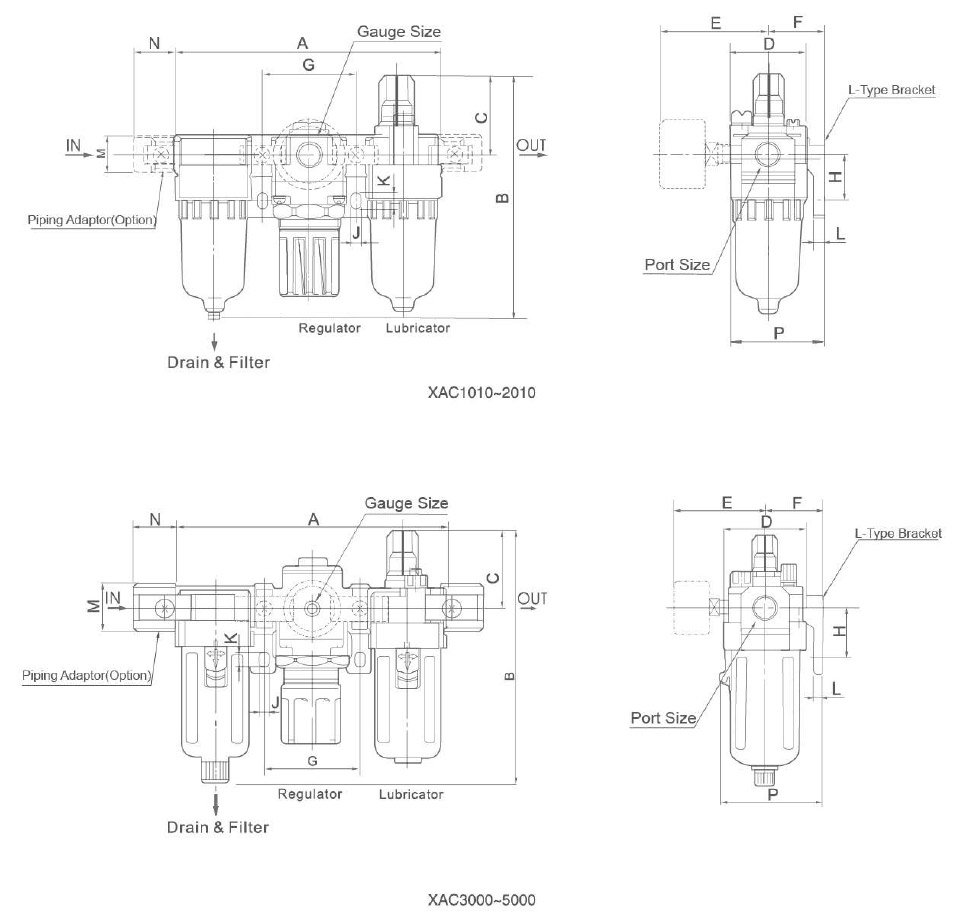 XAC 1000-5000 Series Pneumatic Air Source Treatment Unit (F.R.L.) Overall Dimensions