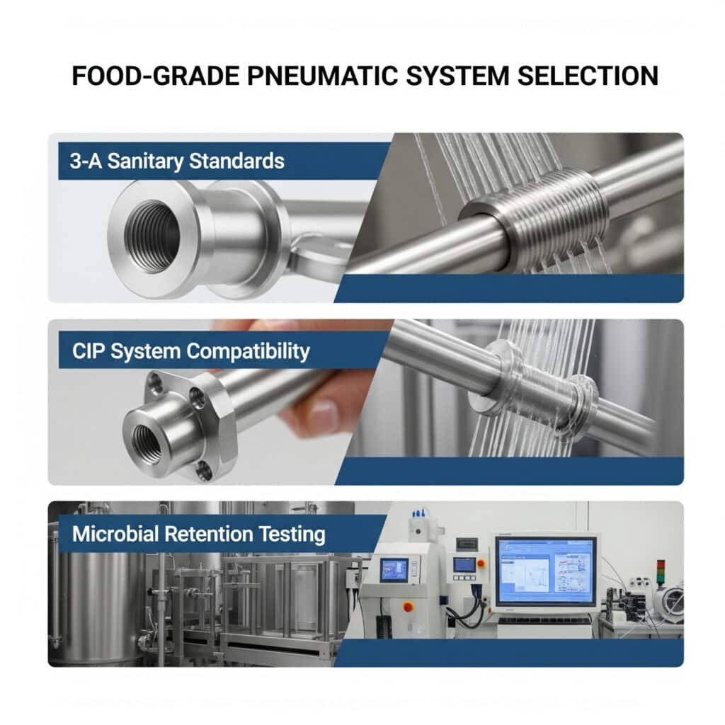 A three-panel infographic explaining food-grade pneumatic system selection criteria. The first panel, titled '3-A Sanitary Standards,' shows a magnified view of a smooth, polished, and crevice-free stainless steel component. The second panel, 'CIP System Compatibility,' illustrates the component withstanding pressure pulsations from a cleaning system. The third panel, 'Microbial Retention Testing,' depicts a laboratory setup to test the component for sterility.