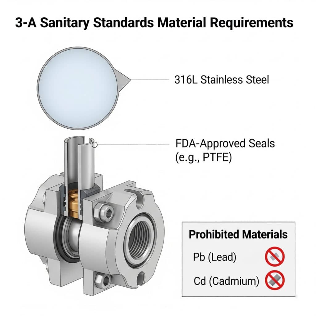 A technical infographic about 3-A Sanitary Standards for materials. It shows a clean, magnified cross-section of a pneumatic component. A callout points to the housing, labeling it '316L Stainless Steel.' Another callout points to an O-ring, labeling it 'FDA-Approved Seals (e.g., PTFE).' A separate box labeled 'Prohibited Materials' shows the chemical symbols for Lead (Pb) and Cadmium (Cd) crossed out with a red circle and slash.