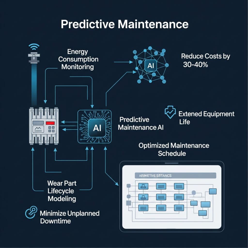 A pneumatikus rendszerek prediktív karbantartását bemutató high-tech infografika. Az "Energiafogyasztás figyelése" és a "Kopó alkatrészek életciklusának modellezése" adatfolyamokat mutatja, amelyek egy pneumatikus rendszerből egy központi "előrejelző karbantartási mesterséges intelligenciához" áramlanak. Az AI elemzi az adatokat, és létrehoz egy "optimalizált karbantartási ütemtervet". A kijelölő dobozok kiemelik a fő előnyöket: "A költségek csökkentése 30-40%-vel", "A berendezések élettartamának meghosszabbítása" és "A nem tervezett állásidő minimalizálása".