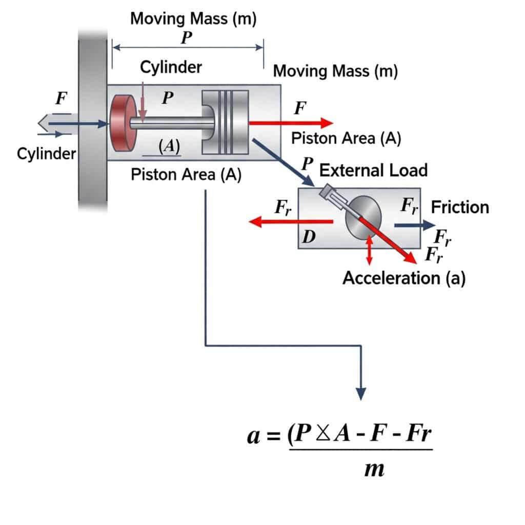 A technical free-body diagram explaining the calculation for pneumatic cylinder acceleration. The illustration shows a cylinder pushing a block, labeled 'Moving Mass (m).' A large arrow indicates the driving force generated by 'Pressure (P)' on the 'Piston Area (A).' Opposing this are two smaller arrows labeled 'External Load (F)' and 'Friction (Fr).' A large arrow shows the resulting 'Acceleration (a).' The formula 'a = (P × A - F - Fr)/m' is prominently displayed, with each variable linked to its corresponding element in the diagram.