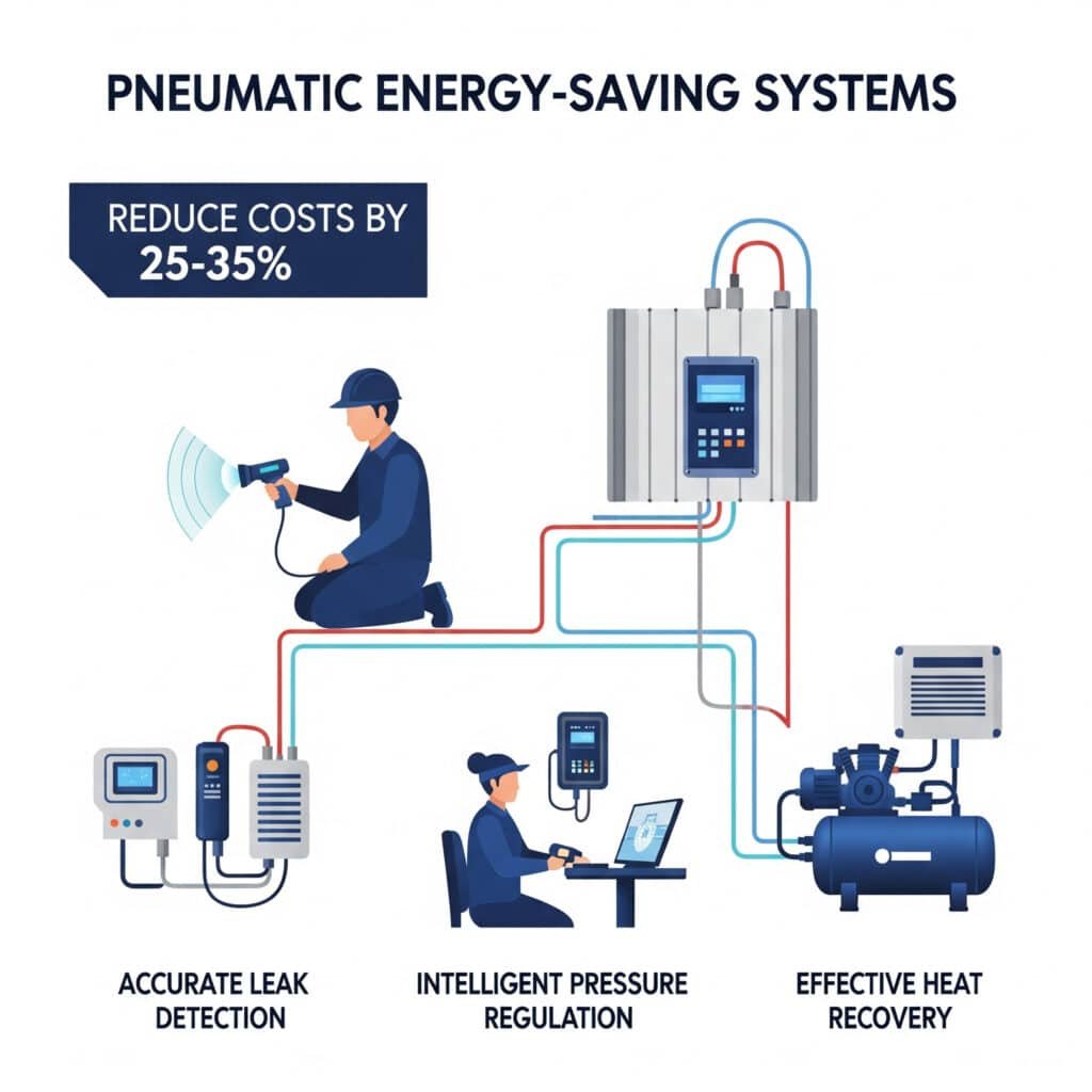 A clean, modern infographic illustrating three key pneumatic energy-saving systems. One section shows 'Accurate Leak Detection,' with a technician using an ultrasonic detector on a pipe. A second section shows 'Intelligent Pressure Regulation' with a smart regulator at a workstation. The third section shows 'Effective Heat Recovery' with a unit capturing waste heat from an air compressor. A banner at the top reads, 'Reduce Costs by 25-35%'.