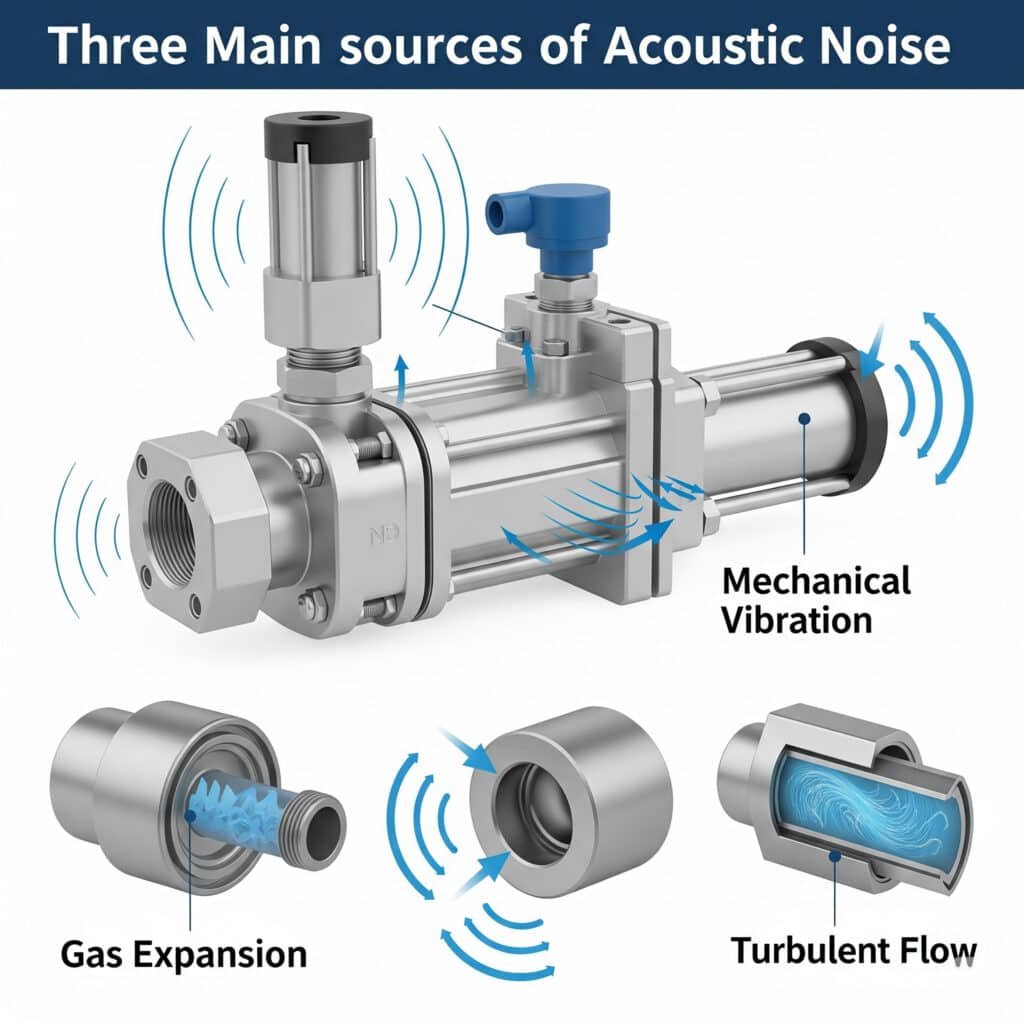 How Does Acoustic Noise Impact Your Pneumatic System Performance? 1 A technical infographic identifying three primary sources of noise in pneumatic systems. A central diagram of a cylinder and valve has three call-outs: the first, labeled 'Gas Expansion,' shows sound waves emanating from the valve's exhaust; the second, 'Mechanical Vibration,' shows the cylinder body shaking; the third, 'Turbulent Flow,' reveals chaotic airflow within a cutaway pipe fitting.
