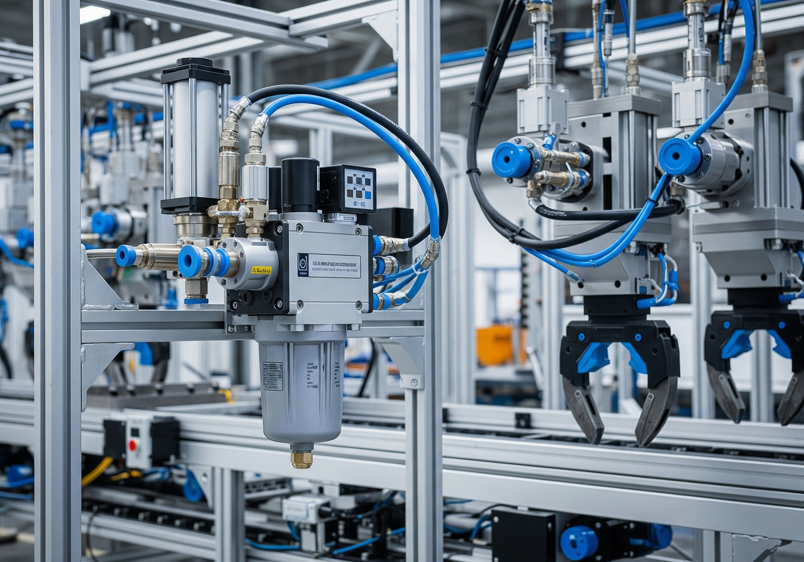 A pneumatic filter-regulator supplying conditioned air to control pneumatic cylinders, rotary actuators, and grippers on automated machinery and assembly lines.
