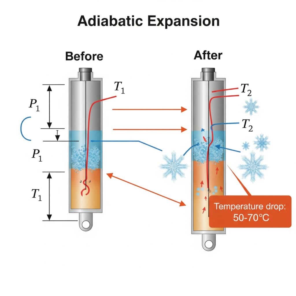 A 'before and after' diagram explaining adiabatic expansion in a pneumatic cylinder. The 'before' side shows a small volume of gas at an initial pressure (P₁) and temperature (T₁). The 'after' side shows the gas has expanded to fill the cylinder, pushing a piston. This expanded gas is colored blue with frost icons to show it is cold, and it's labeled with the final pressure (P₂) and temperature (T₂). The governing formula is displayed, with its variables connected by arrows to the corresponding parts of the diagram.