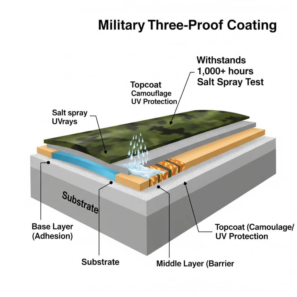 A cross-sectional diagram of a military-grade, three-layer anti-corrosion coating. On a metal 'Substrate,' it shows a thin 'Base Layer' for adhesion, a thick 'Middle Layer' that acts as a barrier, and a 'Topcoat' for camouflage and UV protection. The illustration shows external threats like salt spray and UV rays being deflected by the topcoat. A label notes that the system 'Withstands 1,000+ hours Salt Spray Test'.