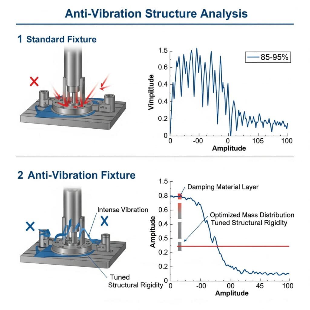 A two-panel infographic comparing a 'Standard Fixture' to an 'Anti-Vibration Fixture.' In the first panel, the standard fixture is shown with intense vibration waves during a machining operation, and an accompanying graph shows a high vibration peak. In the second panel, the advanced anti-vibration fixture shows minimal vibration. Callouts highlight its features, including a 'Damping Material Layer,' 'Optimized Mass Distribution,' and 'Tuned Structural Rigidity.' Its graph shows the vibration amplitude reduced by 85-95%.