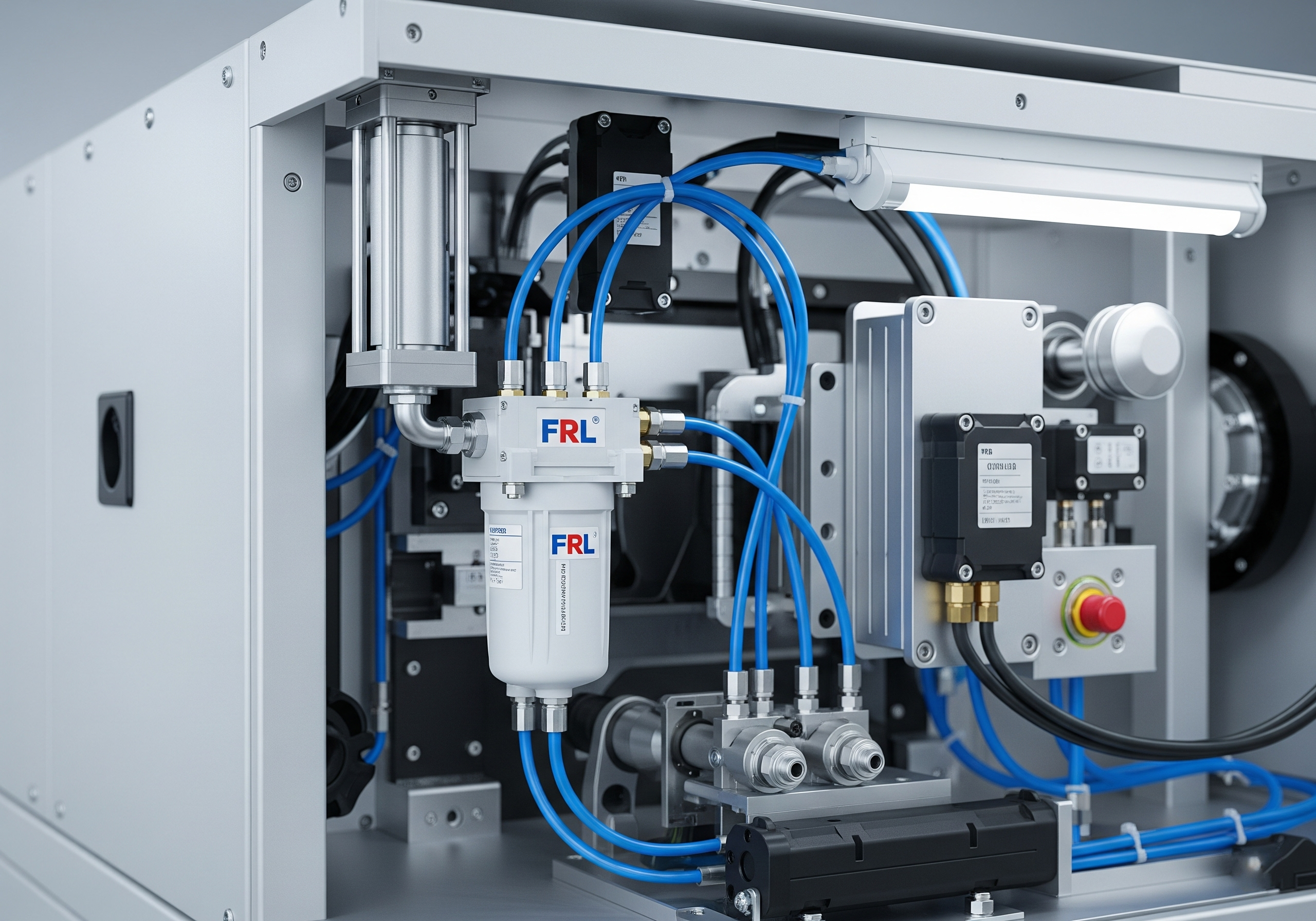 A pneumatic FRL unit integrated into automated machinery to ensure optimal air quality for internal pneumatic components like cylinders and valves.