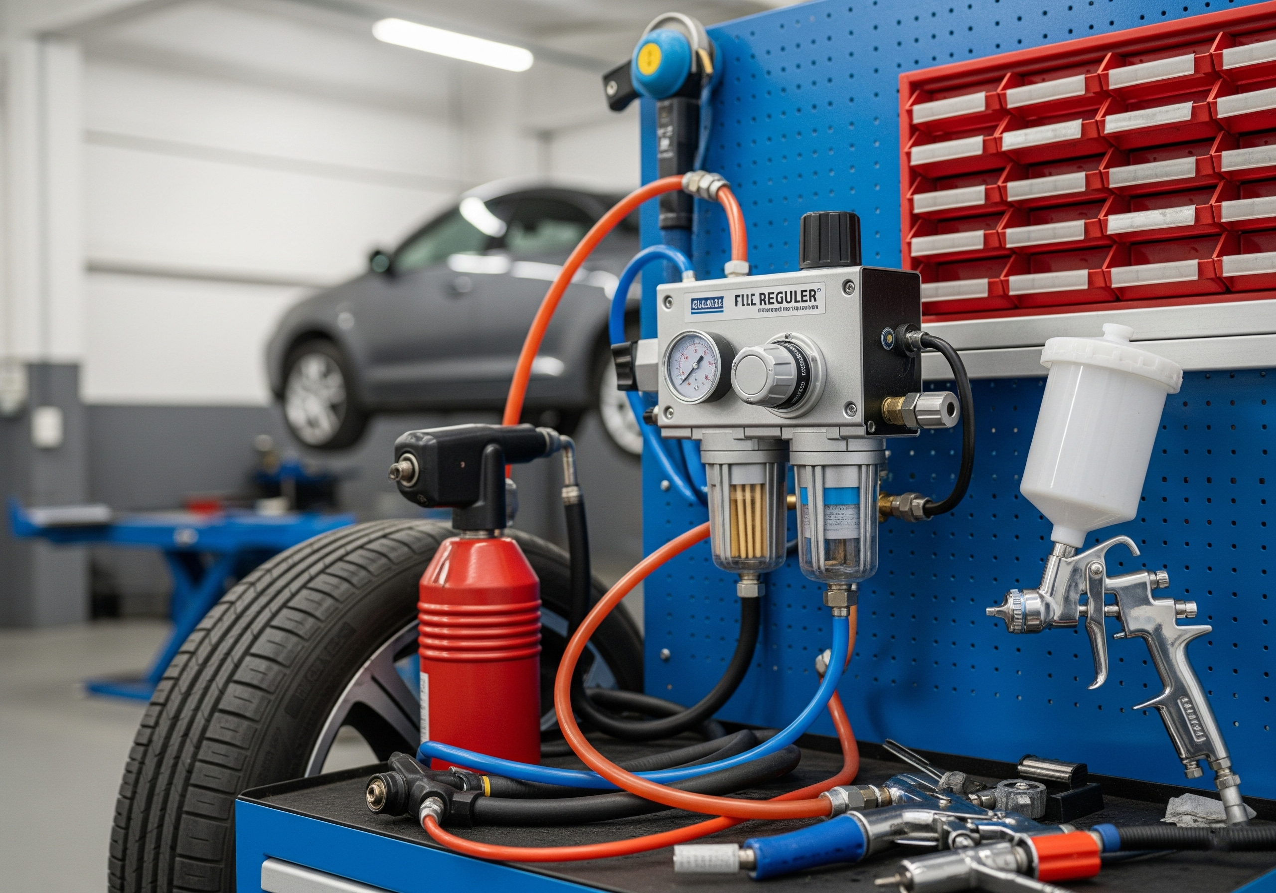 A pneumatic filter-regulator in an automotive workshop ensuring clean, regulated air for tire inflators, paint spray guns, and other pneumatic tools.