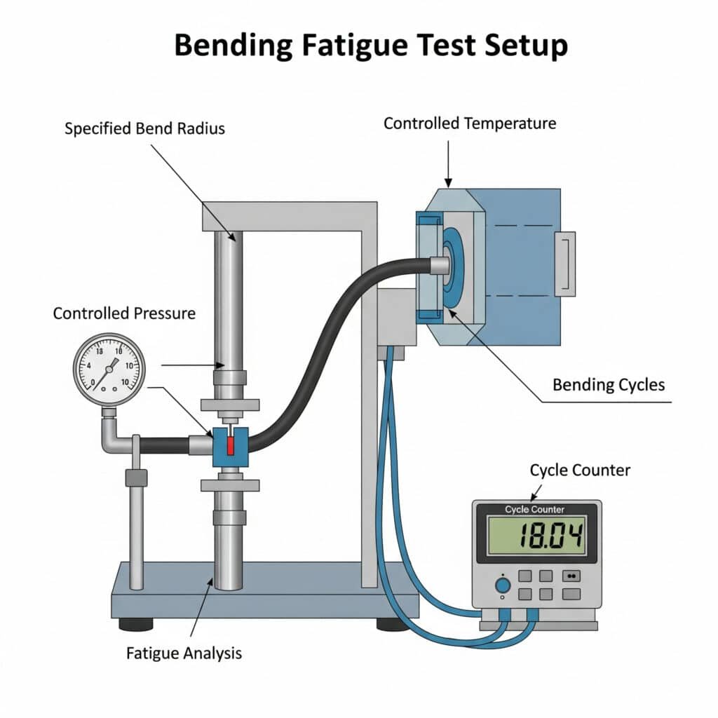 A technical illustration of a bending fatigue test setup for a hose in a clean, laboratory style. The diagram shows a hose being repeatedly flexed on a machine. Callouts point to and label the key controlled parameters of the test: the 'Specified Bend Radius,' the 'Controlled Pressure' inside the hose, the 'Controlled Temperature' of the test chamber, and a large digital 'Cycle Counter'.