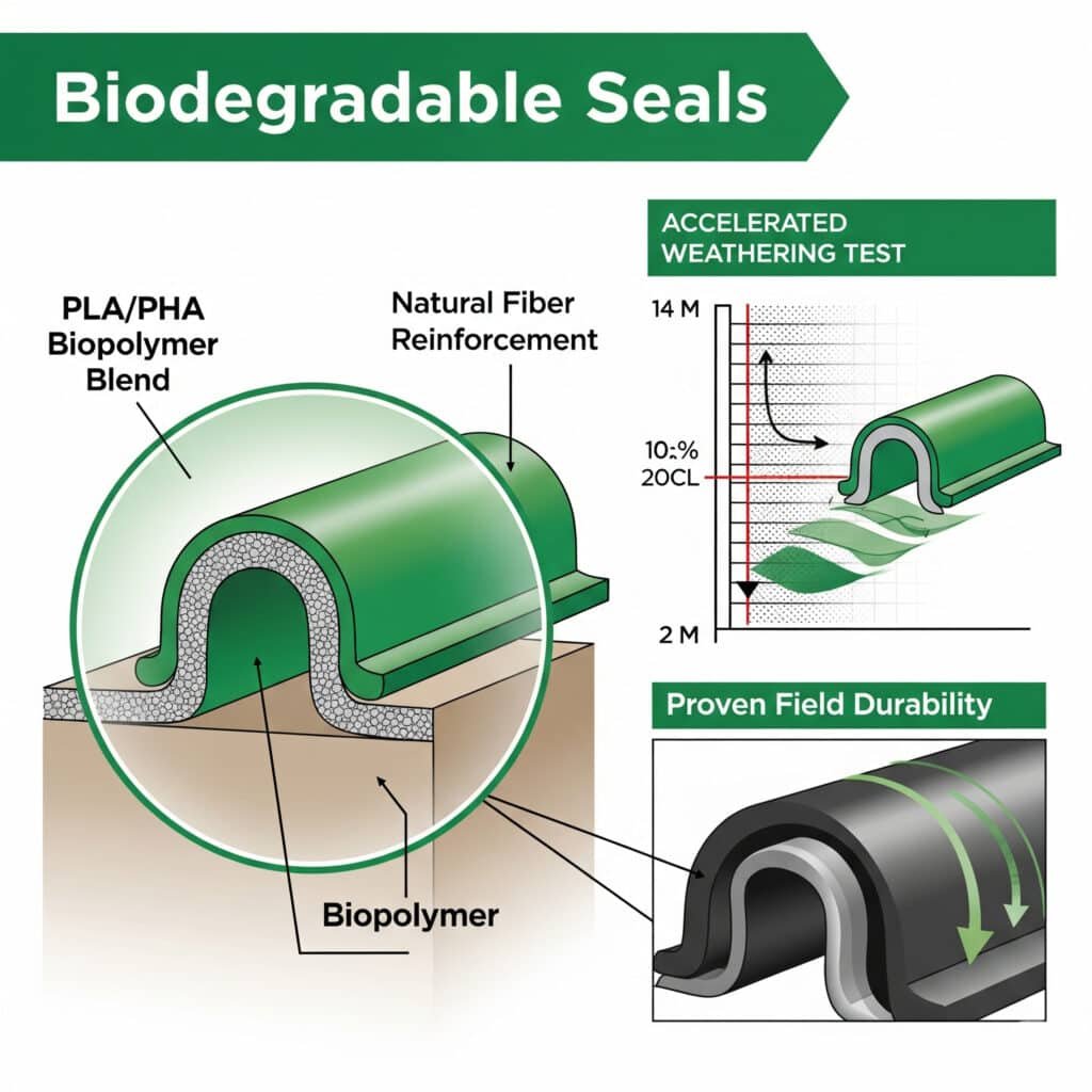 A technical infographic about biodegradable seals with a green and environmental theme. The main image is a magnified cross-section of the seal material, showing the 'PLA/PHA Biopolymer Blend' and 'Natural Fiber Reinforcement.' A side panel illustrates the 'Accelerated Weathering Test' used to prove durability. A small final vignette shows the seal biodegrading harmlessly into the environment.