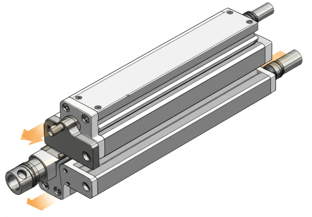 Ayrıntılı bir teknik resim, bir CNC makinesinin otomatik takım değiştiricisinin önemli bir bileşeni olan gümüş ve gri pnömatik çubuksuz silindiri göstermektedir. Turuncu oklar silindirin uzunluğu boyunca hızlı doğrusal hareketi göstermektedir. Kompakt tasarım ve sağlam yapı, yüksek hacimli CNC işlemede verimli takım değişimleri için gereken hız ve güvenilirliği ortaya koymaktadır.