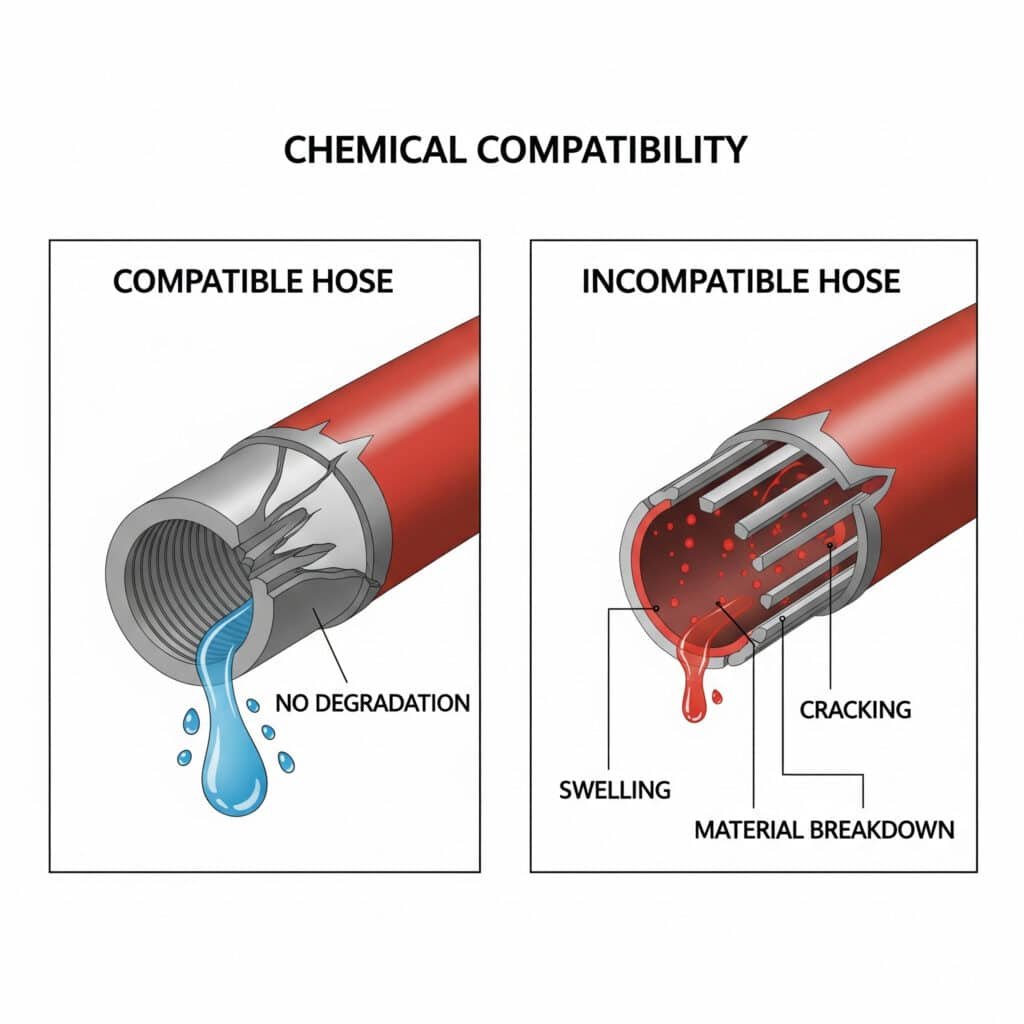 A two-panel infographic illustrating chemical compatibility of a hose. The first panel, labeled 'Compatible Hose,' shows a cross-section of a healthy hose that is unaffected by chemical exposure. The second panel, labeled 'Incompatible Hose,' shows a cross-section of a damaged hose with callouts pointing to different types of degradation caused by chemicals, including 'Swelling,' 'Cracking,' and 'Material Breakdown.'