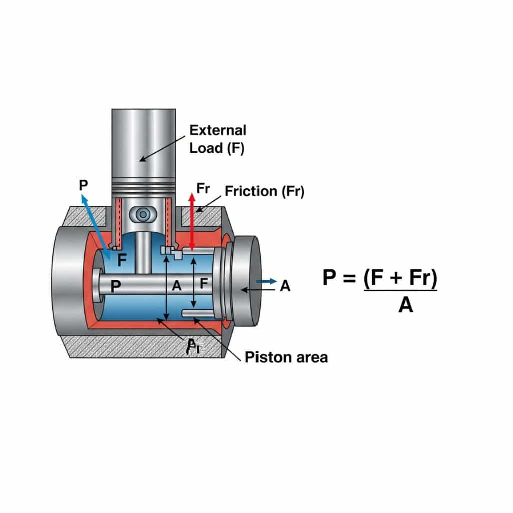 A technical free-body diagram explaining the pressure calculation for a pneumatic cylinder. It shows a cross-section of a cylinder pushing a block, which is labeled 'External Load (F)'. An arrow indicates the opposing 'Friction (Fr)'. The pressure inside is labeled 'P' and acts on the 'Piston Area (A)'. The formula 'P = (F + Fr)/A' is displayed prominently, with arrows linking each variable to its corresponding force or feature in the diagram.
