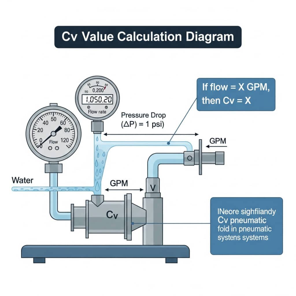 A technical diagram illustrating how a valve's Cv (flow coefficient) is determined. The infographic shows a lab test bench where water flows through a valve. Pressure gauges before and after the valve indicate a pressure drop of exactly 1 psi. A flow meter measures the resulting flow rate in gallons per minute (GPM). A callout explains that the measured GPM is the Cv value. An inset box notes the relevance of this value for pneumatic systems.