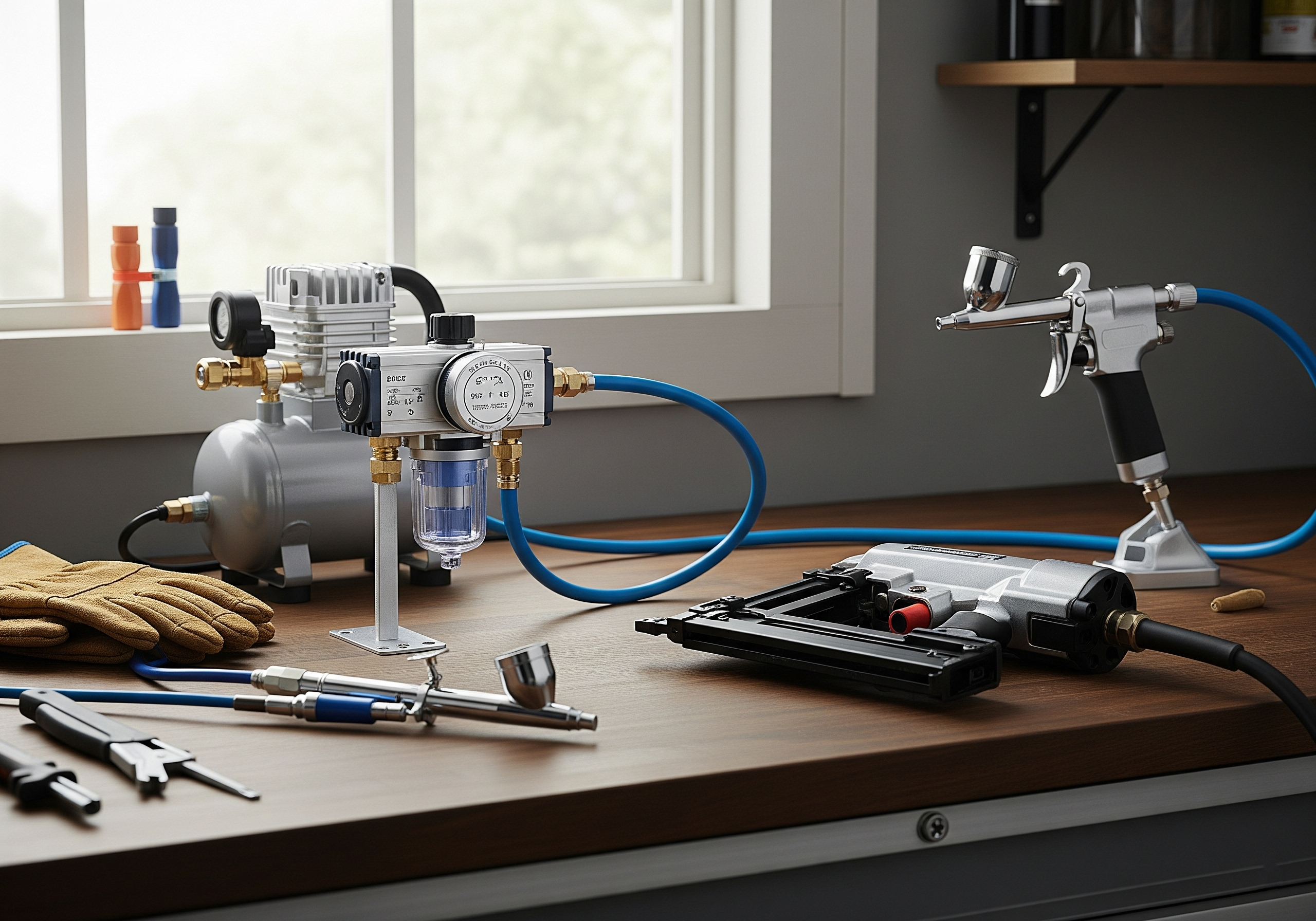 A compact pneumatic filter-regulator, an essential unit for home workshops using smaller compressors and providing clean air for hobbyist air tools.