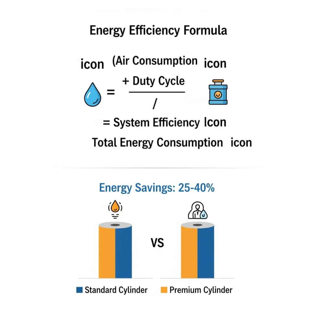 A two-part infographic about calculating pneumatic energy efficiency. The top section displays a conceptual formula using icons, showing that 'Air Consumption per Cycle' multiplied by 'Duty Cycle' and adjusted for 'System Efficiency' equals 'Total Energy Consumption.' The bottom section features a bar chart comparing the energy consumption of a 'Standard Cylinder' and a 'Premium Cylinder,' with the premium cylinder using significantly less energy, highlighting 'Energy Savings: 25-40%'.
