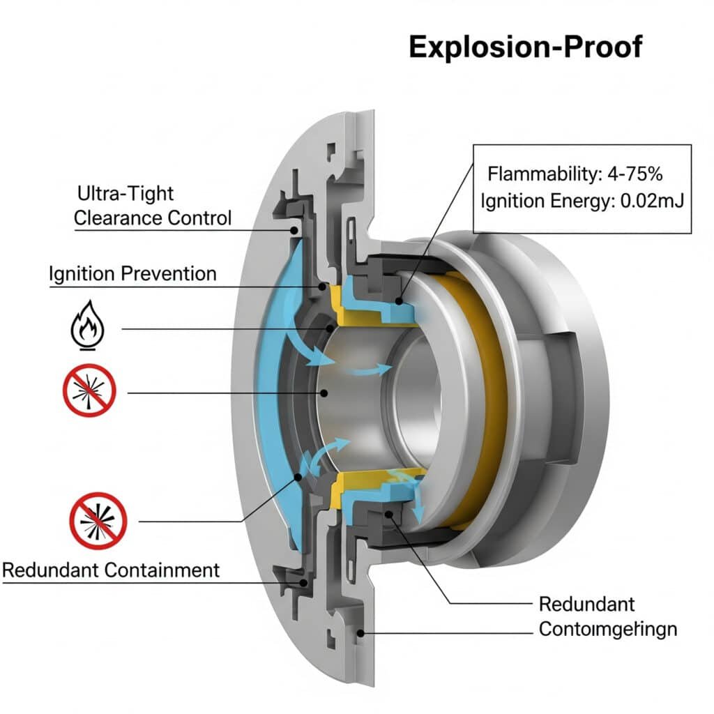 A technical infographic showing a cross-section of an explosion-proof component for hydrogen service. Callouts point to three key design features: 'Ultra-Tight Clearance Control' between parts, 'Ignition Prevention' with a no-spark icon, and 'Redundant Containment' illustrated by a thick housing. A label notes hydrogen's properties, including its wide flammability range and low ignition energy.