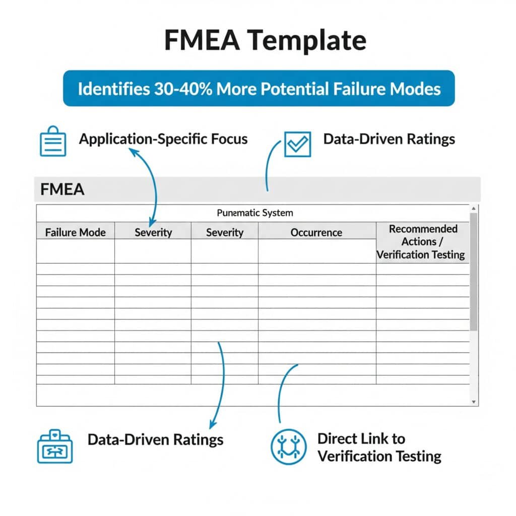 An infographic of a Failure Mode and Effects Analysis (FMEA) template for a pneumatic system, designed to look like a modern software interface. The template is a table with columns for 'Failure Mode,' 'Severity,' 'Occurrence,' and 'Recommended Actions.' Callouts highlight the system's features, including an 'Application-Specific Focus,' the use of 'Data-Driven Ratings,' and a 'Direct Link to Verification Testing.' A banner at the bottom notes that this method 'Identifies 30-40% More Potential Failure Modes.'