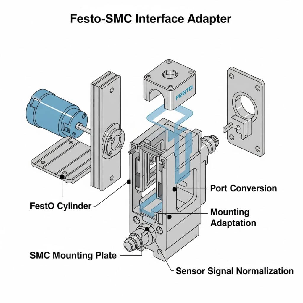 Infografis teknis yang menunjukkan 'Adaptor Antarmuka Festo-SMC'. Diagram menunjukkan silinder Festo dan pelat pemasangan SMC dengan koneksi yang tidak cocok. Di bagian tengah, diperlihatkan sebuah adaptor yang memiliki pola baut dan koneksi port yang sesuai dengan kedua komponen. Keterangan pada adaptor menyoroti tiga fungsinya: 'Konversi Port,' 'Adaptasi Pemasangan,' dan 'Normalisasi Sinyal Sensor,' yang menunjukkan bagaimana adaptor ini memungkinkan kedua komponen yang tidak kompatibel untuk disatukan.