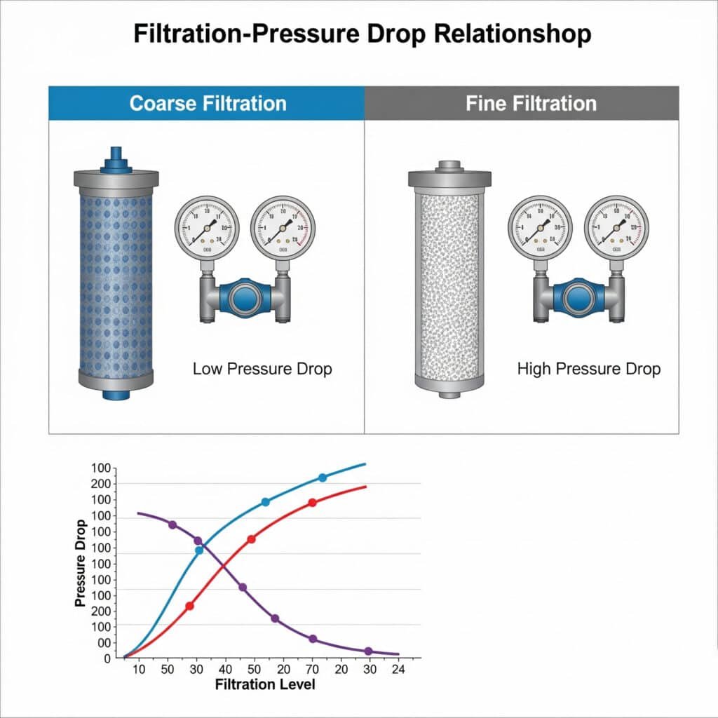 A two-panel infographic explaining the relationship between filtration level and pressure drop. The first panel, 'Coarse Filtration,' shows a magnified view of a filter with large pores, resulting in a low pressure drop as indicated by pressure gauges. The second panel, 'Fine Filtration,' shows a filter with small, dense pores that causes a much higher pressure drop. An inset line graph summarizes the concept, plotting 'Pressure Drop' vs. 'Filtration Level' to show that pressure drop increases as filtration becomes finer.