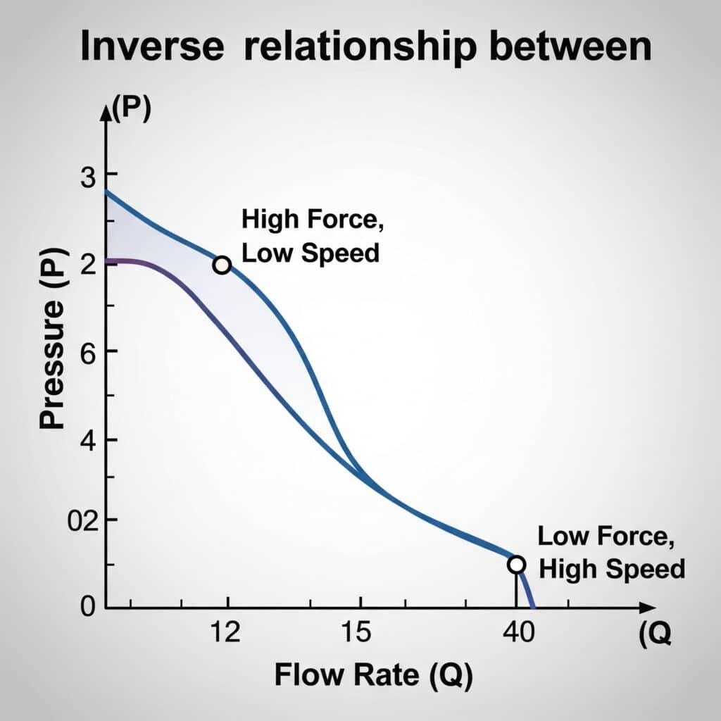 A graph illustrating the inverse relationship between pressure and flow rate in a pneumatic system. The vertical axis is labeled 'Pressure (P)' and the horizontal axis is 'Flow Rate (Q)'. A curve starts high on the pressure axis and slopes downward to the right, ending high on the flow rate axis. A point in the high-pressure, low-flow region is noted as 'High Force, Low Speed,' and a point in the low-pressure, high-flow region is noted as 'Low Force, High Speed.
