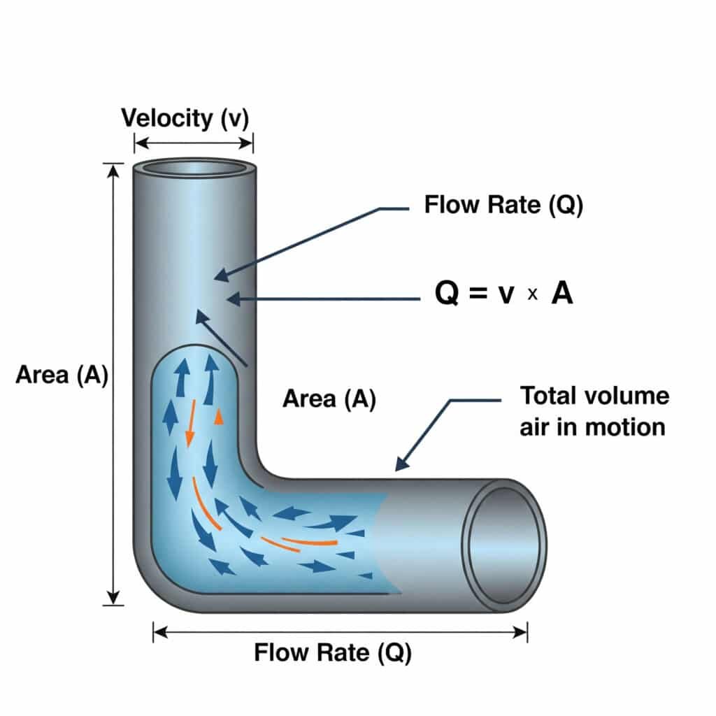 A technical diagram explaining the relationship between flow rate, velocity, and area. It shows a straight pipe with air flowing through it. The speed of the air is indicated by an arrow labeled 'Velocity (v)'. The circular opening of the pipe is labeled 'Area (A)'. The resulting total flow is labeled 'Flow Rate (Q)'. The formula 'Q = v × A' is displayed prominently, with arrows connecting each variable to its corresponding element in the illustration.