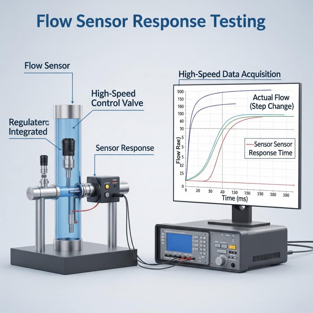A technical infographic illustrating a flow sensor response testing setup. It shows a flow sensor installed in a pipe on a lab bench, with a high-speed control valve upstream. The sensor is connected to a data acquisition system. A computer screen displays a graph plotting flow rate versus time, showing both the instantaneous 'Actual Flow (Step Change)' and the slightly delayed 'Sensor Response.' A dimension line on the graph clearly indicates the 'Sensor Response Time'.