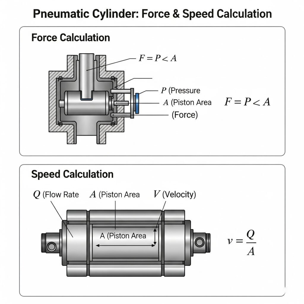 A two-panel infographic explaining force and speed calculations for a pneumatic cylinder. The 'Force Calculation' panel shows a cross-section of a cylinder, visually labeling the Pressure (P), Piston Area (A), and Force (F), along with the formula F = P × A. The 'Speed Calculation' panel shows the cylinder and labels the Flow Rate (Q), Piston Area (A), and Velocity (v), along with the formula v = Q / A.