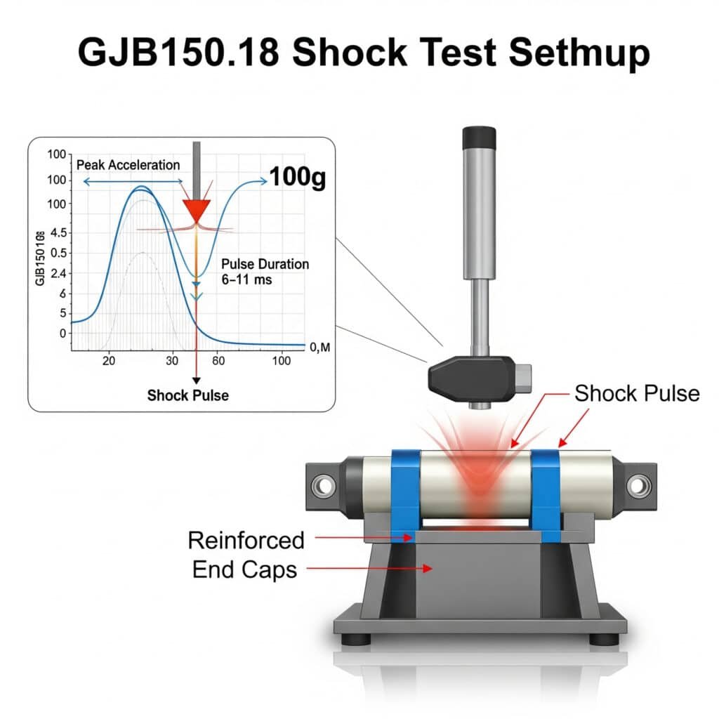 A technical illustration of a GJB150.18 shock test setup. The image shows a heavy-duty pneumatic cylinder bolted to a test platform, with a large mechanical hammer delivering an impact. An inset graph displays the specified 'Shock Pulse,' showing a sharp peak at '100g' acceleration over a duration of '6-11ms.' Callouts point to special features on the cylinder, such as its 'Reinforced End Caps.