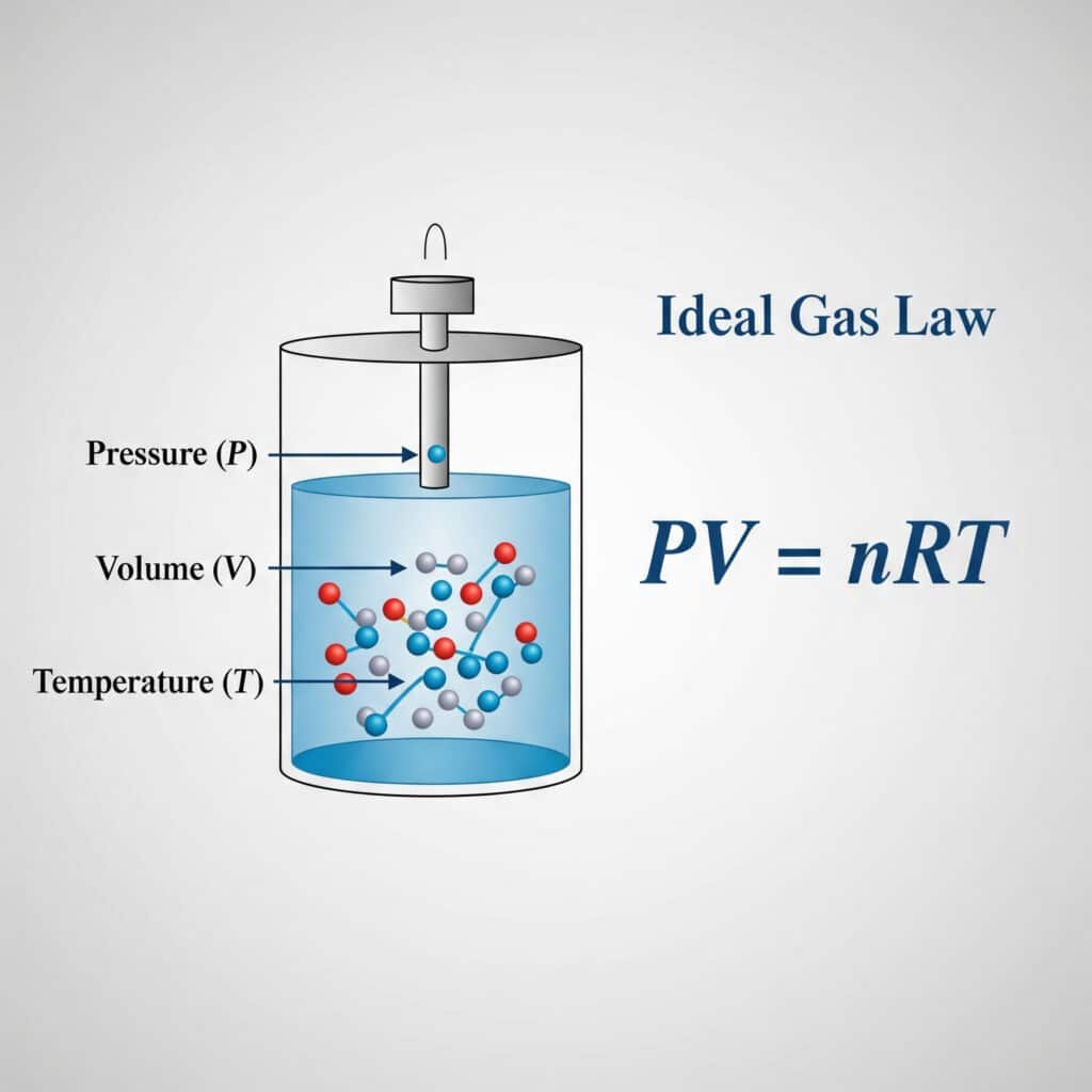 A technical diagram explaining the Ideal Gas Law. It shows a sealed container, representing a fixed 'Volume (V)'. A gauge on the container indicates 'Pressure (P)', and a label indicates 'Temperature (T)'. The formula 'PV = nRT' is displayed prominently, connecting the concepts of pressure, volume, and temperature for the gas inside the container.