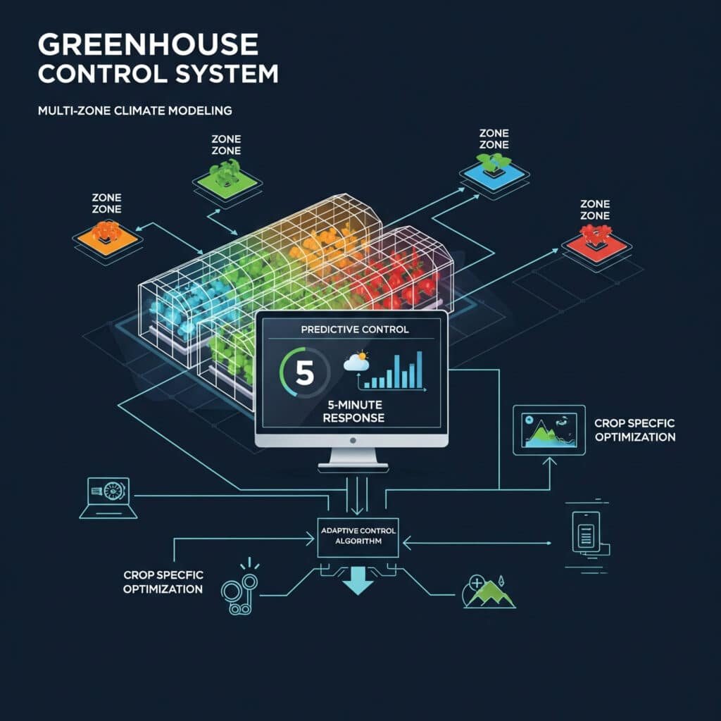 A high-tech infographic of a smart greenhouse control system. The illustration shows a futuristic greenhouse divided into different climate zones. A central computer screen demonstrates 'Predictive Control' by using weather forecast data. Different crops are shown receiving unique conditions, illustrating 'Crop-Specific Optimization.' All systems are shown connected to a central 'Adaptive Control Algorithm' hub, which highlights a '5-Minute Response' time.