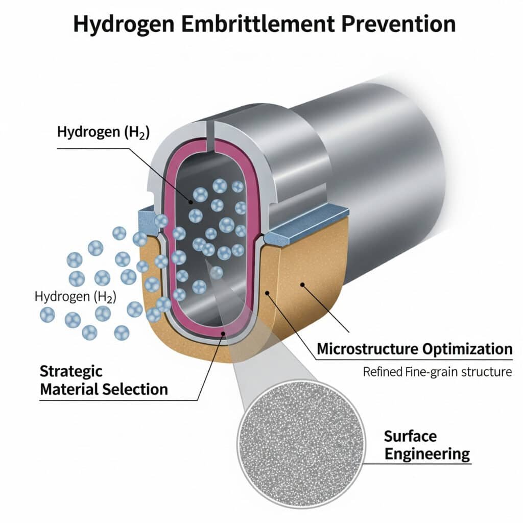 A technical infographic showing a cross-section of a metal wall designed to resist hydrogen embrittlement. It illustrates three prevention strategies: 1) 'Strategic Material Selection' points to the base metal itself. 2) 'Microstructure Optimization' shows a magnified view of a controlled, fine-grain internal structure. 3) 'Surface Engineering' is depicted as a distinct outer coating that physically blocks hydrogen molecules from entering the material.