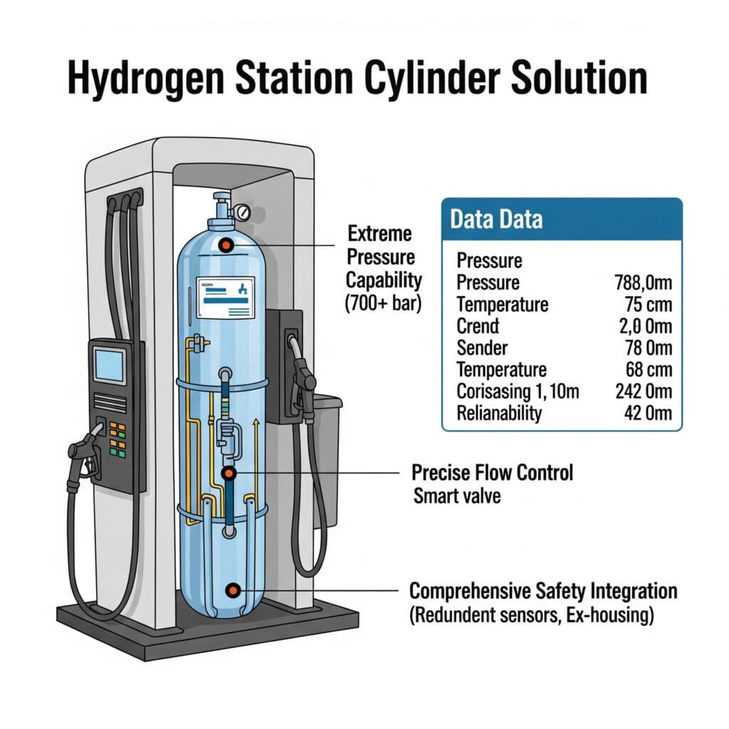 A technical infographic of a specialized cylinder for a hydrogen refueling station. The diagram shows a robust cylinder with callouts pointing to its key features: 'Extreme Pressure Capability (700+ bar),' 'Precise Flow Control' via an integrated smart valve, and 'Comprehensive Safety Integration' including redundant sensors and an explosion-proof housing. A data box lists the impressive pressure, temperature, and reliability specifications.