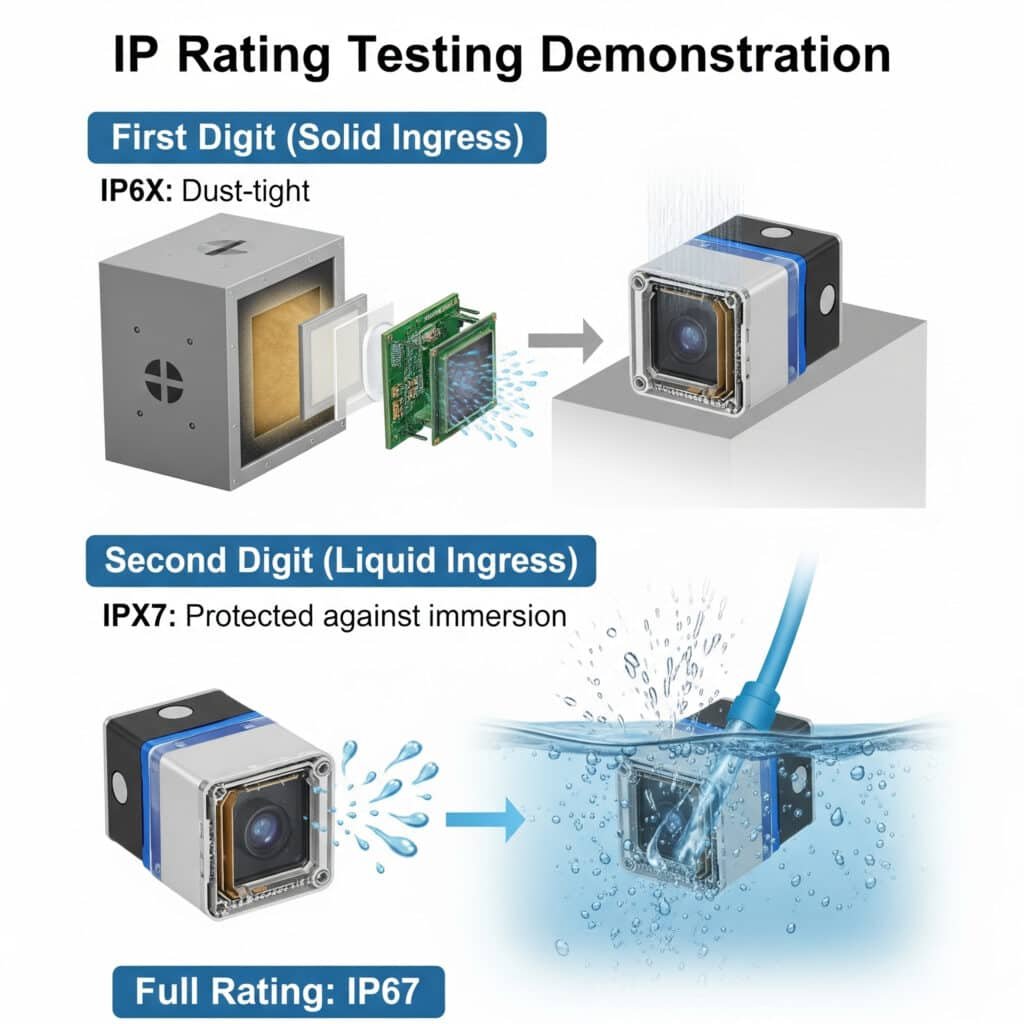 A multi-part infographic demonstrating IP rating testing in a clean laboratory style. The first section, for the first digit, shows a sensor in a dust chamber test, labeled 'IP6X: Dust-tight.' The second section, for the second digit, shows the sensor being subjected to water jets and submersion, labeled 'IPX7: Protected against immersion.' Cutaway views in both sections show the sensor's internals remaining clean and dry. A final summary graphic displays the combined 'Full Rating: IP67'.