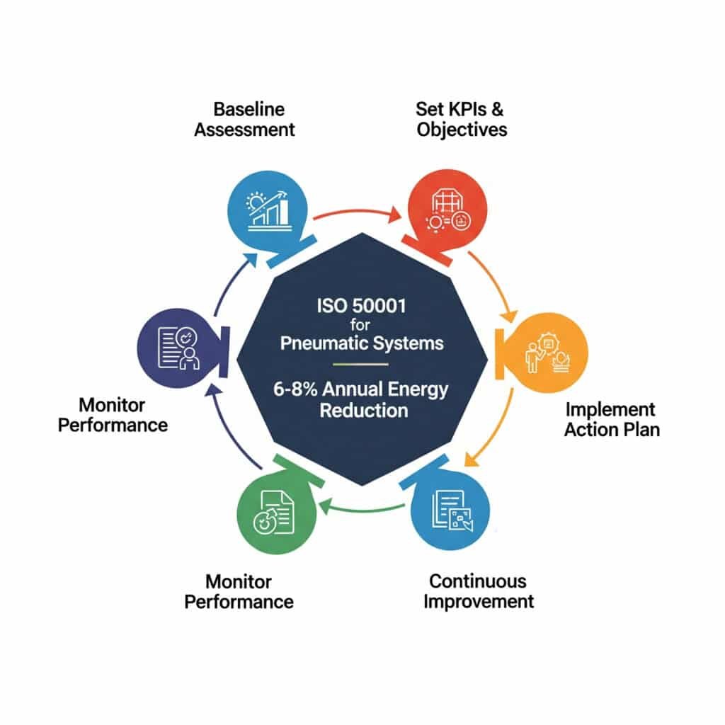 A business process infographic showing the six phases of ISO 50001 implementation in a hexagonal, cyclical diagram. The six phases, each with a corresponding icon, are: 1. Baseline Assessment, 2. Set KPIs & Objectives, 3. Implement Action Plan, 4. Monitor Performance, 5. Management Review, and 6. Continuous Improvement. The center of the diagram is labeled 'ISO 50001 for Pneumatic Systems' and notes a '6-8% Annual Energy Reduction' as the goal.