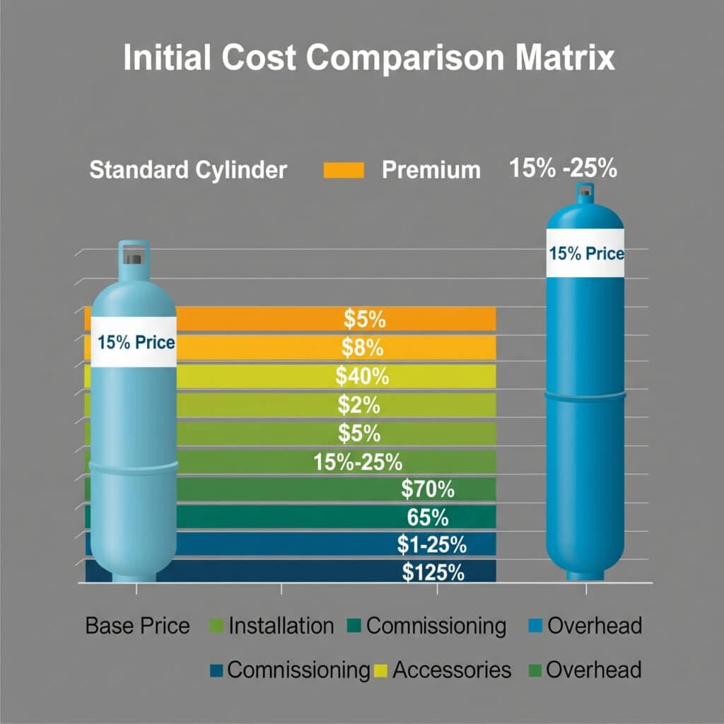 A stacked bar chart titled 'Initial Cost Comparison Matrix,' comparing a 'Standard Cylinder' to a 'Premium Cylinder.' Each bar shows the total cost broken down into segments like 'Base Price,' 'Installation,' and 'Accessory Costs.' The chart visually demonstrates that although the Premium Cylinder has a higher base price, its other associated costs are much lower, resulting in a total initial cost that is 15-25% less than the Standard Cylinder.