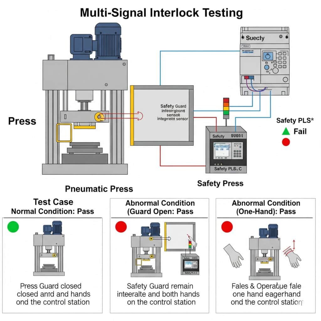 A safety infographic demonstrating multi-signal interlock testing for a pneumatic press. The main schematic shows the press, a safety guard, and a two-hand control station connected to a safety controller. Three panels illustrate test cases: A 'Normal Condition' test shows the press operating correctly when all safety measures are active. Two 'Abnormal Condition' tests show that the interlocks correctly prevent the press from operating if the guard is open or if only one hand is on the controls.