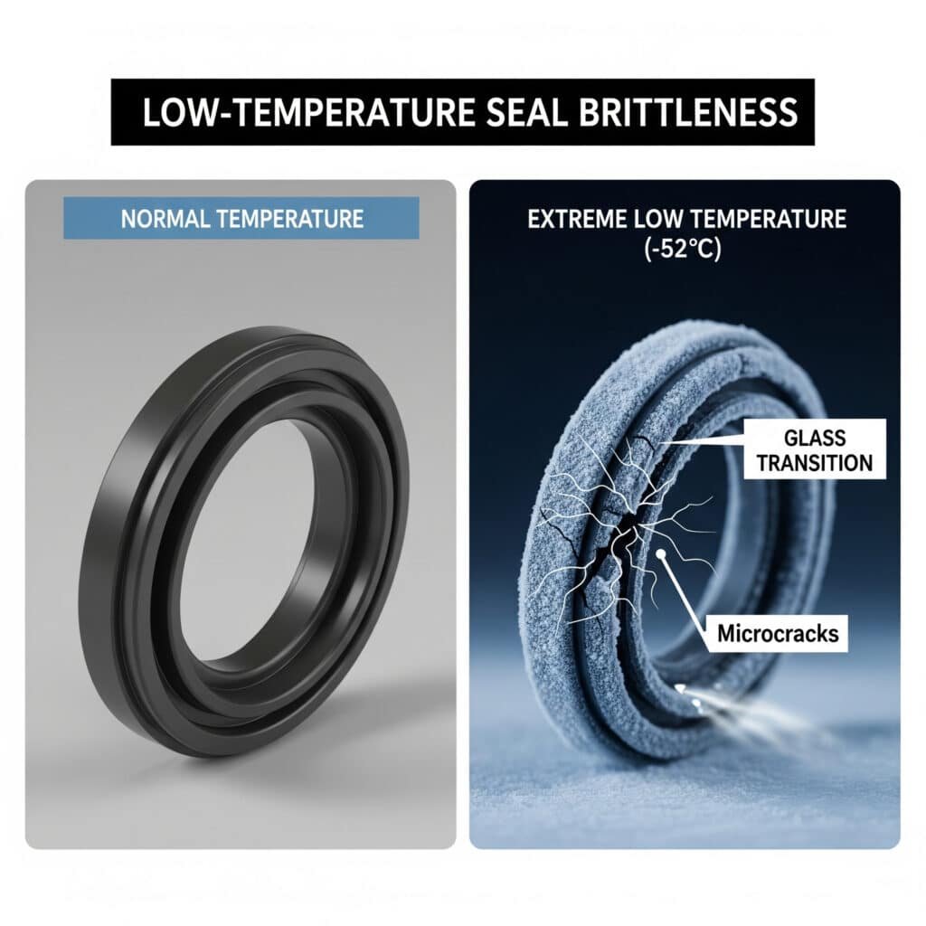 A 'before and after' infographic illustrating low-temperature seal failure. The first panel, labeled 'Normal Temperature,' shows a magnified cross-section of a healthy, flexible pneumatic seal. The second panel, labeled 'Extreme Low Temperature (-52°C),' shows the same seal in a frosted environment. The seal is visibly brittle with 'Microcracks,' one of which has propagated to cause a leak. The cause is noted as 'Glass Transition'.