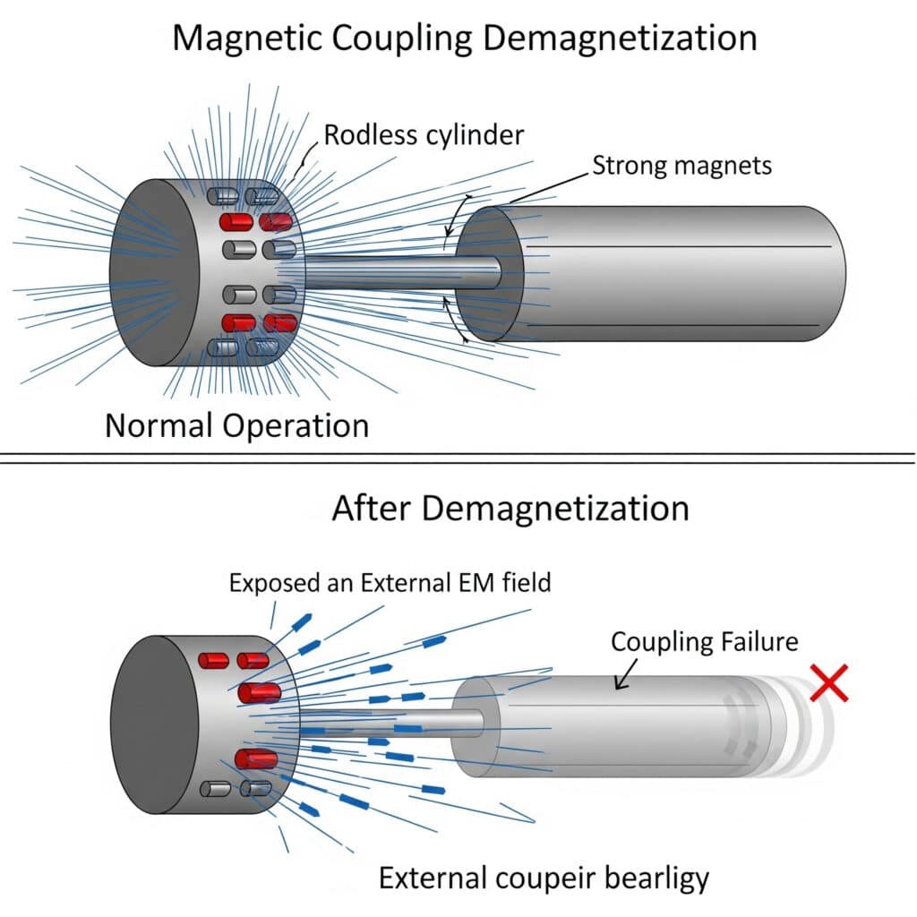 A 'before and after' diagram illustrating magnetic coupling failure. The first panel, 'Normal Operation,' shows a cross-section of a rodless cylinder with strong magnetic field lines securely connecting the internal piston and the external carriage. The second panel, 'After Demagnetization,' shows the coupling has been weakened by an external electromagnetic field; the magnetic field lines are now sparse and broken, causing the external carriage to slip away from the internal piston, resulting in a coupling failure.