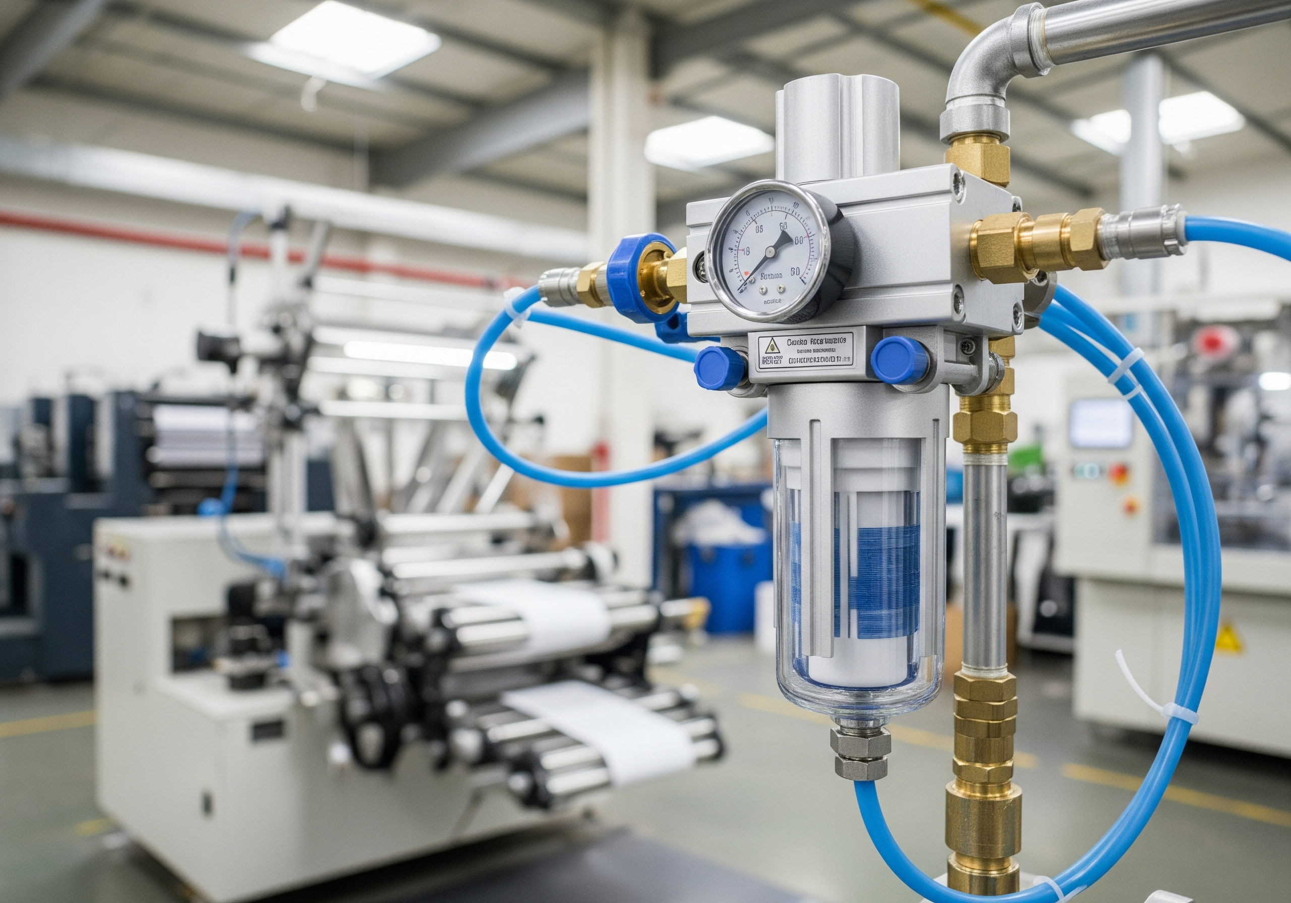 A pneumatic filter-regulator protecting pneumatic systems in various manufacturing equipment, such as packaging machines, printing presses, and textile machinery.