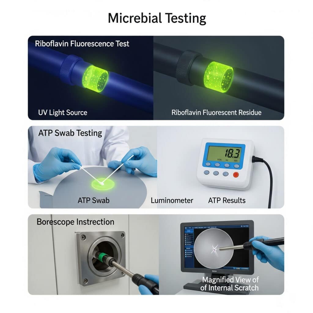 A three-panel infographic illustrating microbial testing methods. The first panel, 'Riboflavin Fluorescence Test,' shows a component under UV light, causing a hidden residue to glow. The second panel, 'ATP Swab Testing,' shows a swab being used to take a sample and then being analyzed in a handheld device. The third panel, 'Borescope Inspection,' shows a flexible camera probe being used to find a microscopic scratch on an internal surface, which is displayed on a screen.