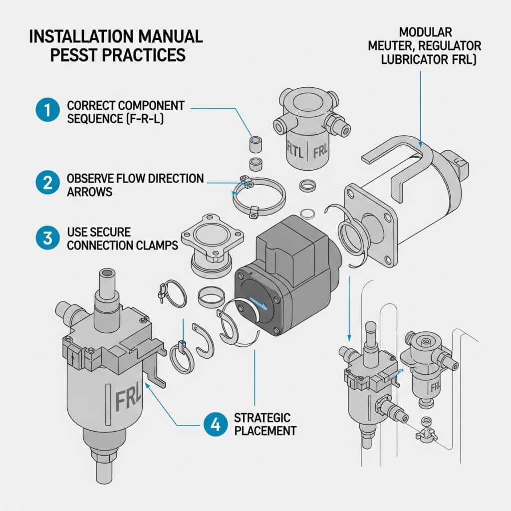 An isometric, exploded-view infographic demonstrating the proper assembly of a modular FRL unit, in the style of an installation manual. It shows the Filter, Regulator, and Lubricator as separate components lined up in the correct order. Numbered callouts highlight four best practices: 1. Correct Component Sequence (F-R-L), 2. Observe Flow Direction Arrows on each unit, 3. Use Secure Connection Clamps between modules, and 4. Strategic Placement of the final assembly.