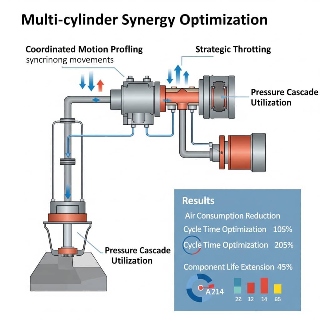 'Çok Silindirli Sinerji Optimizasyonu'nu açıklayan teknik bir infografik. Senkronize bir şekilde birlikte çalışan birkaç pnömatik silindiri göstermektedir. Belirtme çizgileri kullanılan temel tekniklere işaret ediyor: 'Koordineli Hareket Profili Oluşturma', hava hatlarında 'Stratejik Kısma' ve bir silindirden çıkan egzozun diğerine güç sağlamak için yönlendirildiği 'Basınç Kademeli Kullanımı'. Bir özet kutusu, daha az hava tüketimi ve daha uzun parça ömrü de dahil olmak üzere elde edilen faydaları vurgulamaktadır.