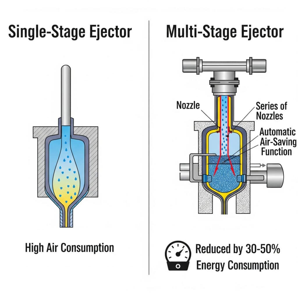 A two-panel infographic comparing vacuum ejector designs with cross-sectional diagrams. The 'Single-Stage Ejector' panel shows a simple, single-nozzle design with high air consumption. The 'Multi-Stage Ejctor' panel shows a more complex design featuring a series of internal nozzles and an 'Automatic Air-Saving Function.' This design is shown to have reduced energy consumption by 30-50%.