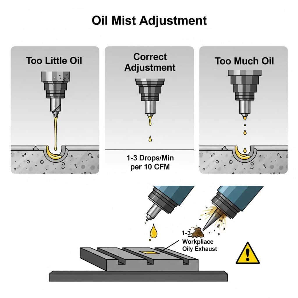 A three-panel infographic demonstrating correct oil mist adjustment for pneumatic systems. The first panel, titled 'Too Little Oil,' shows a worn tool as a result of no oil dripping. The second panel, 'Correct Adjustment,' shows a healthy tool with a slow, steady oil drip, and a label indicating the proper rate of '1-3 Drops/Min per 10 CFM.' The third panel, 'Too Much Oil,' shows a tool with an oily exhaust contaminating a workpiece due to a fast, excessive oil drip.