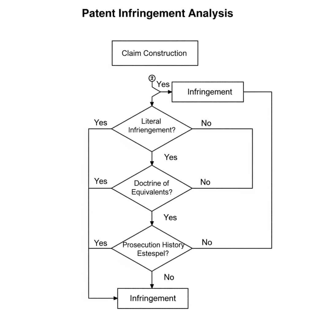 A flowchart diagram outlining the process of patent infringement analysis. It begins with 'Claim Construction,' then asks 'Literal Infringement?' If yes, the result is 'Infringement.' If no, it asks 'Doctrine of Equivalents?' If no, the result is 'No Infringement.' If yes, it asks 'Prosecution History Estoppel Applies?' If yes, the result is 'No Infringement,' but if no, the result is 'Infringement.' The chart clearly shows the step-by-step logic.