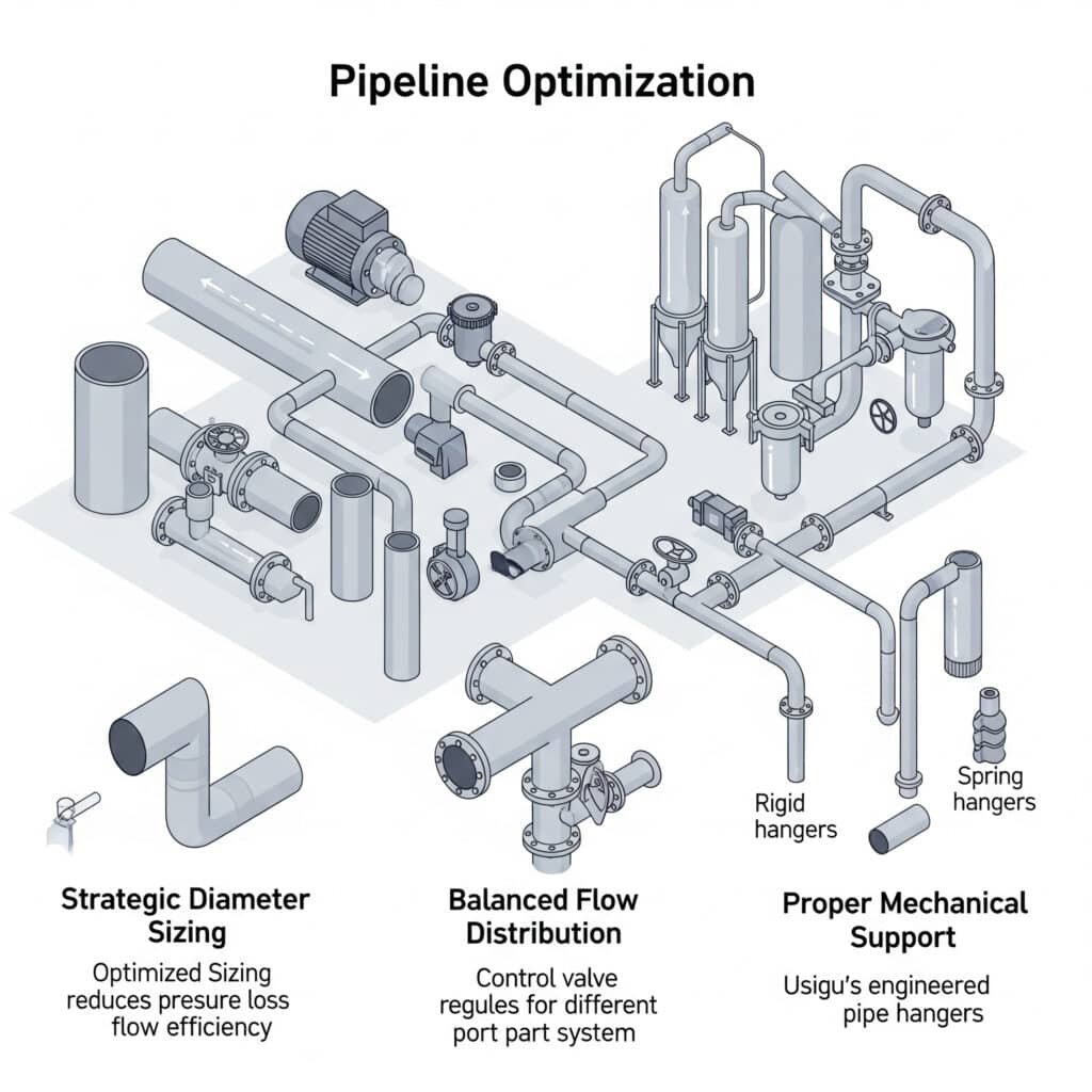 A clean, isometric infographic illustrating 'Pipeline Optimization' techniques. It shows a complex industrial piping system with three callouts pointing to key strategies: 1. 'Strategic Diameter Sizing' is demonstrated with pipes of various appropriate sizes. 2. 'Balanced Flow Distribution' is shown at a T-junction featuring a control valve. 3. 'Proper Mechanical Support' is illustrated with engineered hangers supporting the pipeline at key points.