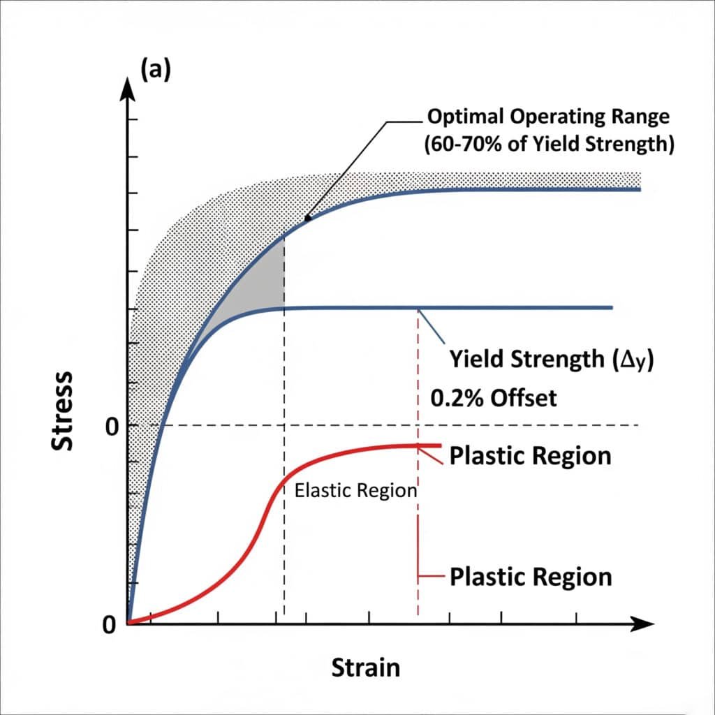 Elastik ve plastik deformasyon arasındaki farkı açıklayan bir gerilme-şekil değiştirme eğrisi infografiği. Grafik, y eksenindeki Gerilimi x eksenindeki Gerinime karşı çizmektedir. Eğri, 'Elastik Bölge' olarak etiketlenen ve daha sonra 'Plastik Bölge'ye doğru bükülen başlangıçtaki düz çizgi kısmını göstermektedir. Geçiş noktası açıkça 'Akma Dayanımı (σy)' olarak işaretlenmiştir ve elastik bölgenin alt kısmındaki gölgeli yeşil alan 'Optimal Çalışma Aralığı (Akma Dayanımının 60-70%'si)' olarak etiketlenmiştir.